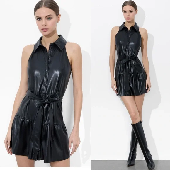 Alice + Olivia Miranda Vegan Leather Tiered Button Down Sleeveless Mini Dress - Picture 3 of 16
